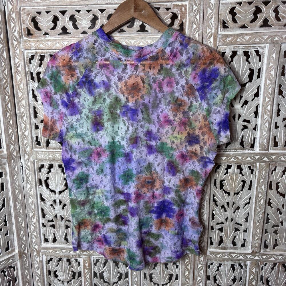 Pilcro Anthropologie Sheer Floral Mesh Lace Cap Sleeve Top Multicolor L Artsy
